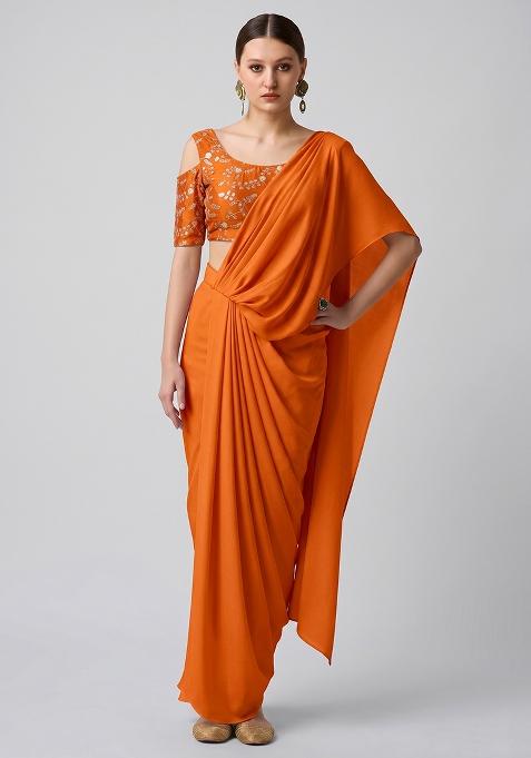 Orange Silk Blend Sequin Work Pre Draped Saree Set