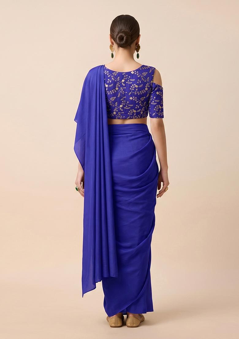 Royal Blue Embroidered Crepe Pre Draped Saree Set - Indya
