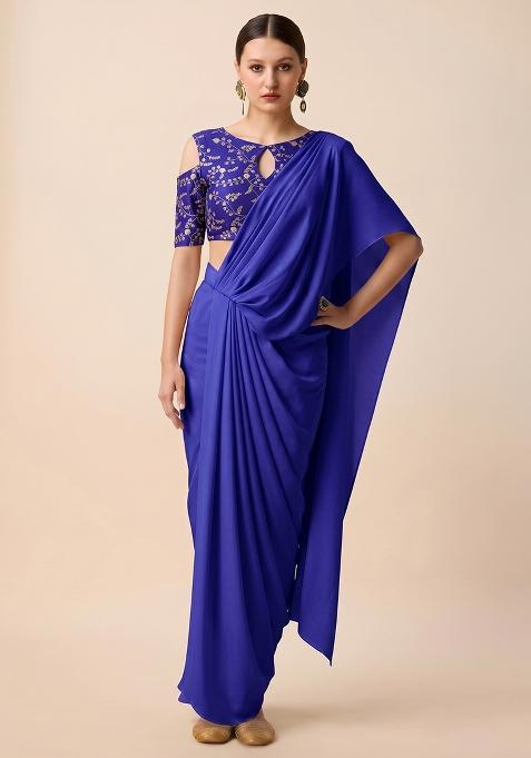 Royal Blue Silk Blend Embroidered Pre Draped Saree Set