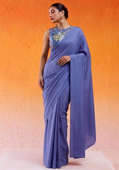 Periwinkle Blue Silk Blend Embroidered Pre Draped Saree Set