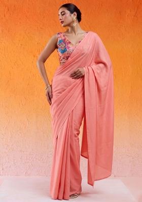 Peach Embroidered Organza Pre Draped Saree Set