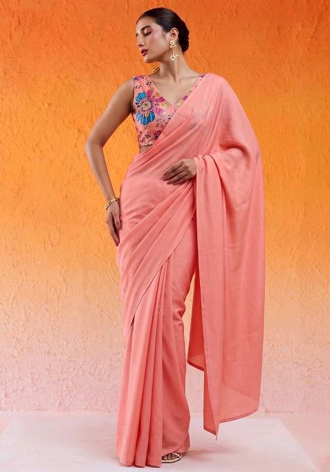 Peach Silk Blend Embroidered Pre Draped Saree Set