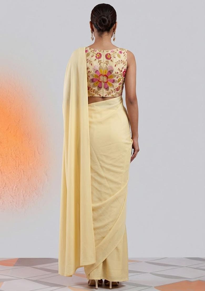 Pastel Yellow Embroidered Organza Pre Draped Saree Set - Indya