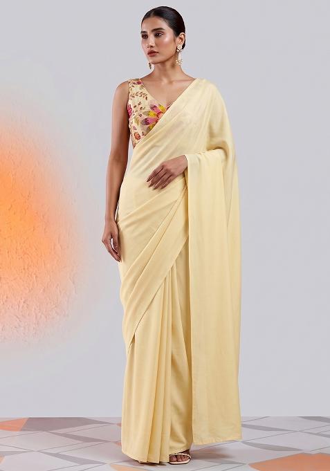Pastel Yellow Silk Blend Embroidered Pre Draped Saree Set