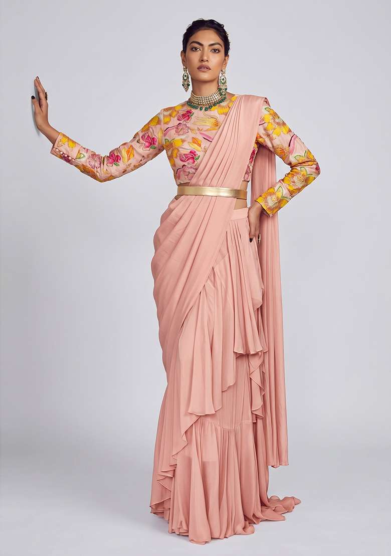 Peach Printed Chinon Pre Draped Saree Set - Indya