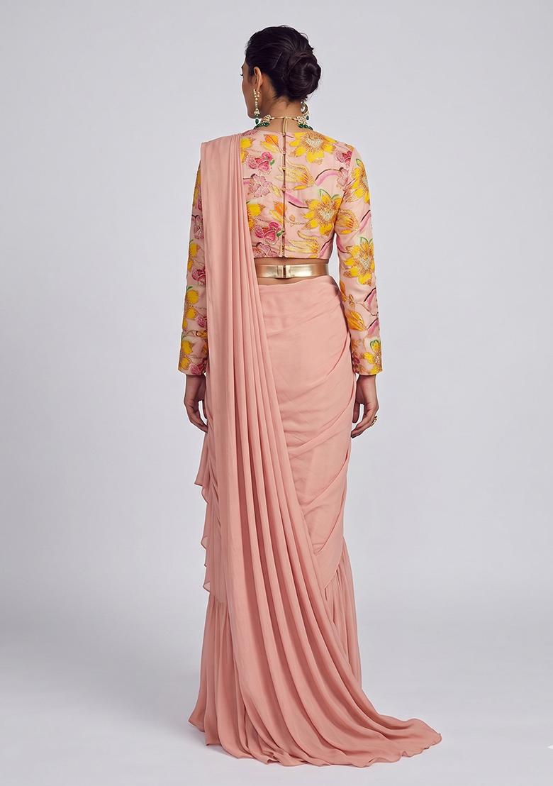 Peach Printed Chinon Pre Draped Saree Set - Indya