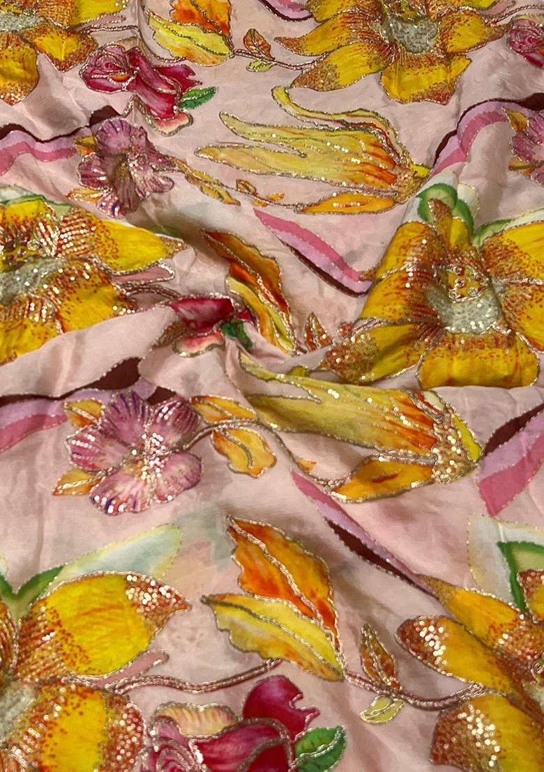 Peach Printed Chinon Pre Draped Saree Set - Indya