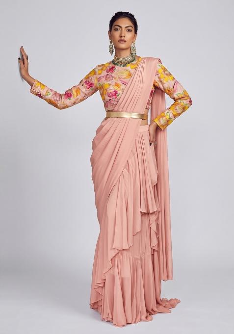 Peach Silk Blend Embroidered Pre Draped Saree Set