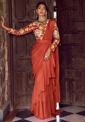 Rust Printed Chinon Pre Draped Saree Set