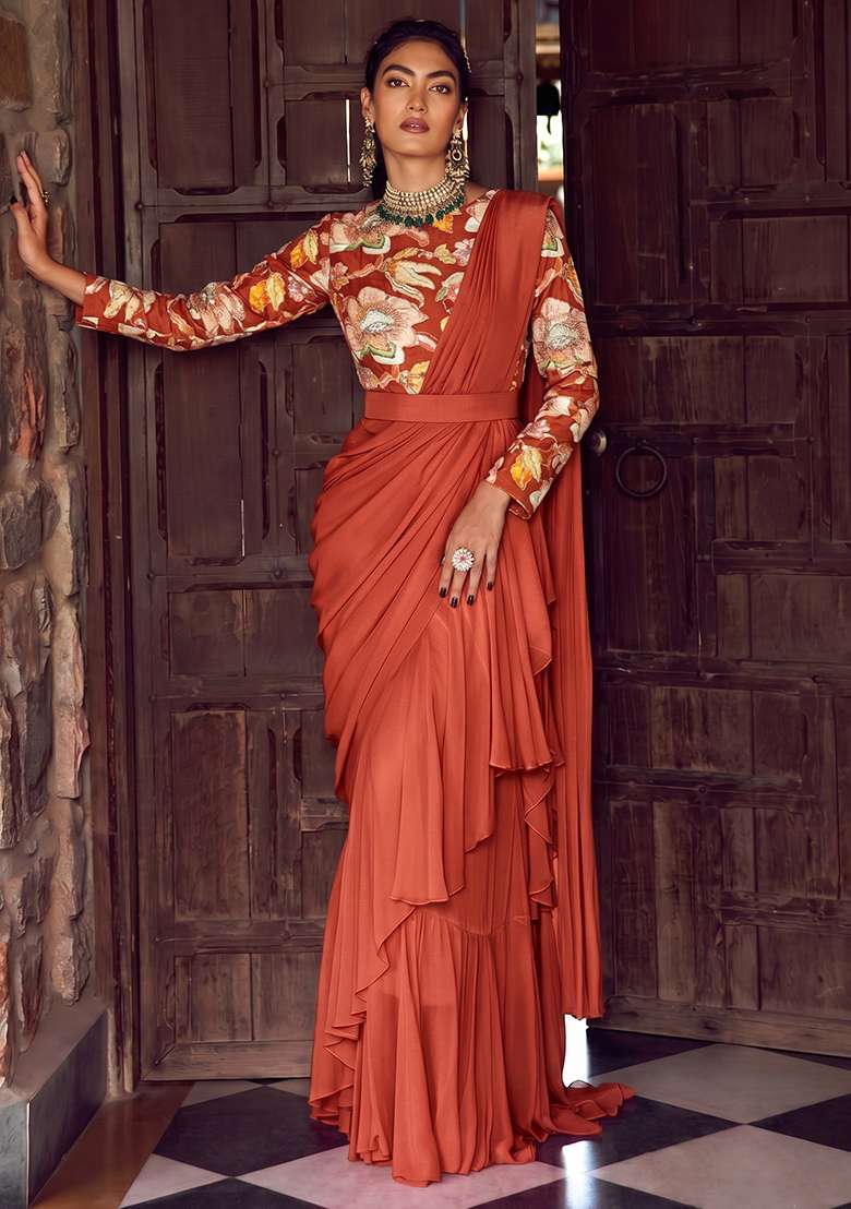 Rust Printed Chinon Pre Draped Saree Set - Indya