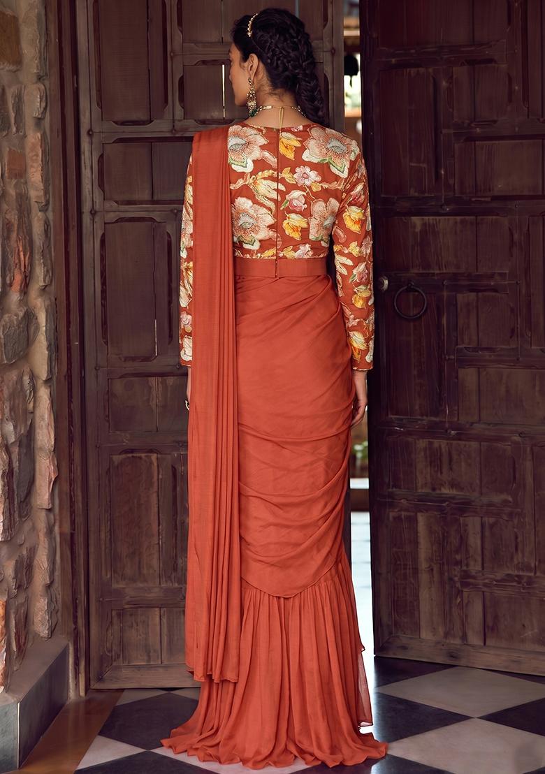 Rust Printed Chinon Pre Draped Saree Set - Indya