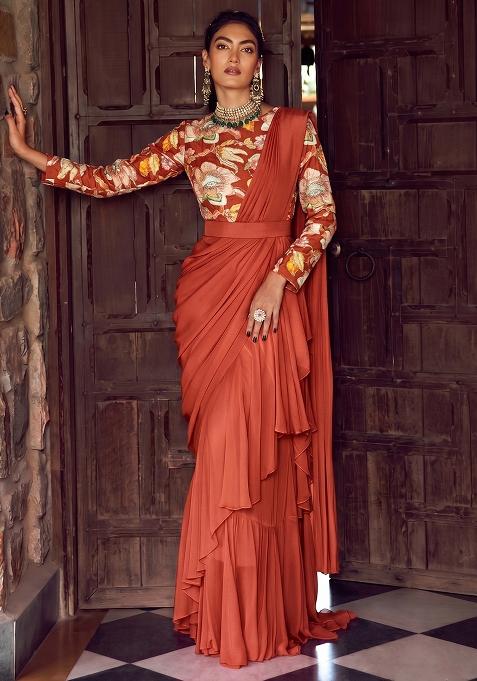 Rust Silk Blend Embroidered Handwork Pre Draped Saree Set