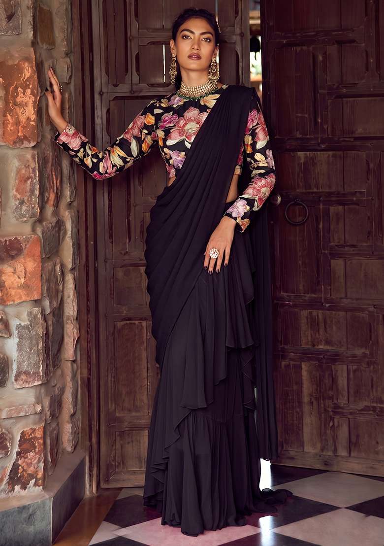 Black Printed Chinon Pre Draped Saree Set - Indya