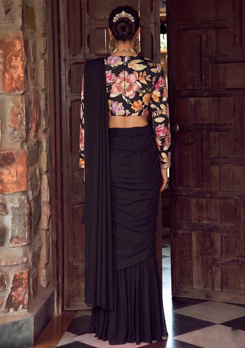 Black Printed Chinon Pre Draped Saree Set - Indya