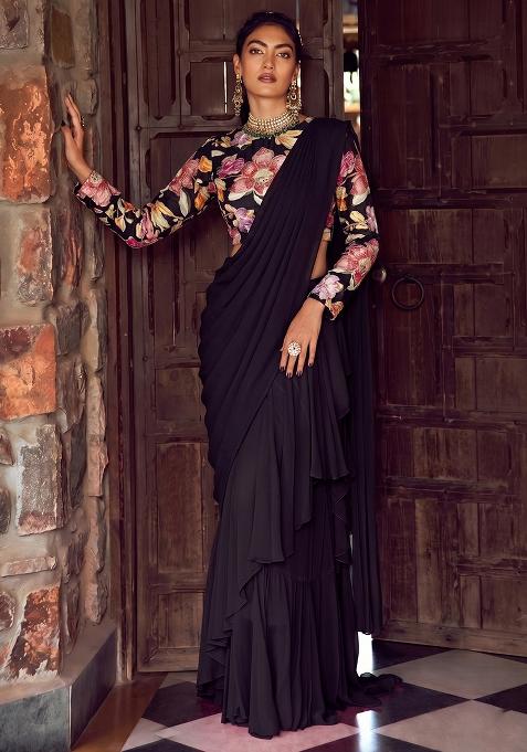 Black Silk Blend Embroidered Pre Draped Saree Set