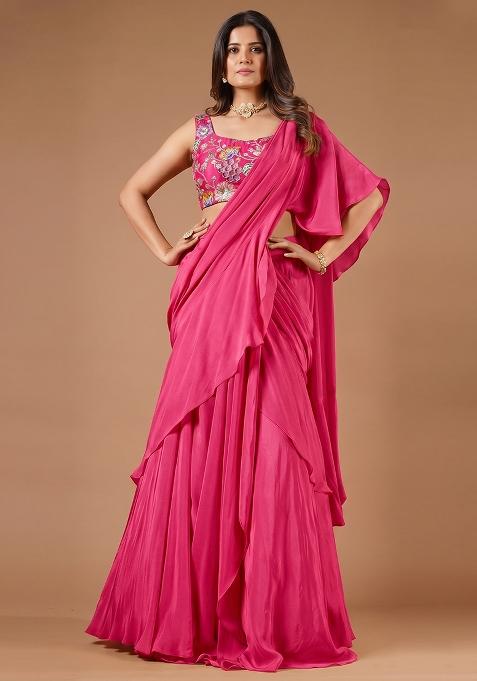 Rani Pink Silk Blend Embroidered Handwork Pre Draped Saree Set