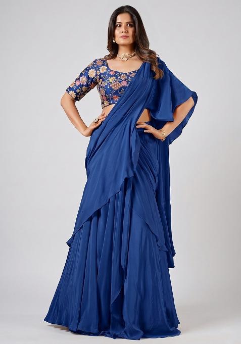 Royal Blue Silk Blend Embroidered Pre Draped Saree Set