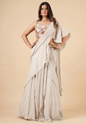 Beige Printed Crepe Pre Draped Saree Set