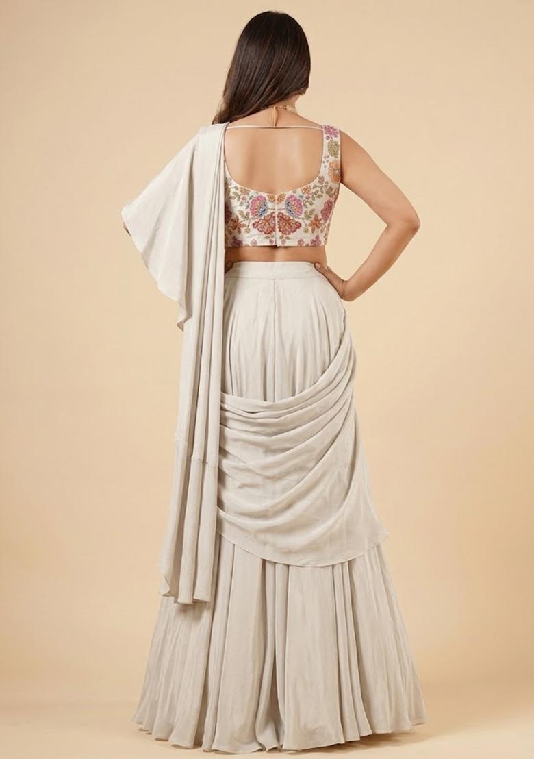 Beige Printed Crepe Pre Draped Saree Set - Indya