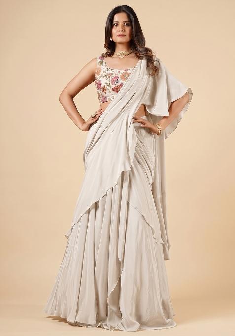 Beige Silk Blend Embroidered Handwork Pre Draped Saree Set