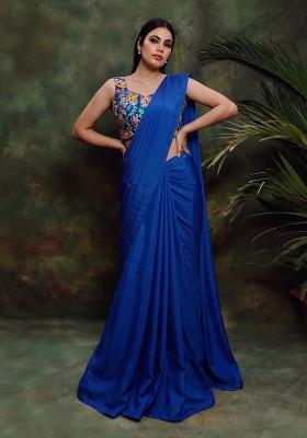 Royal Blue Printed Crepe Pre Draped Saree Set