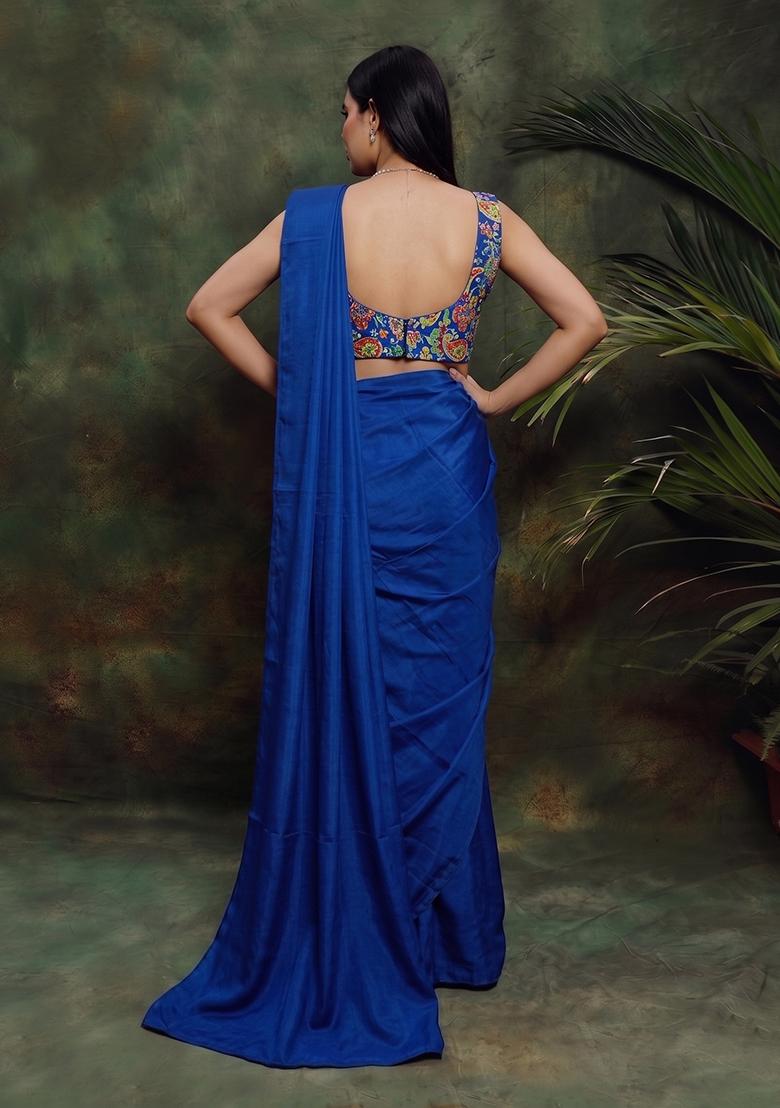 Royal Blue Printed Crepe Pre Draped Saree Set - Indya