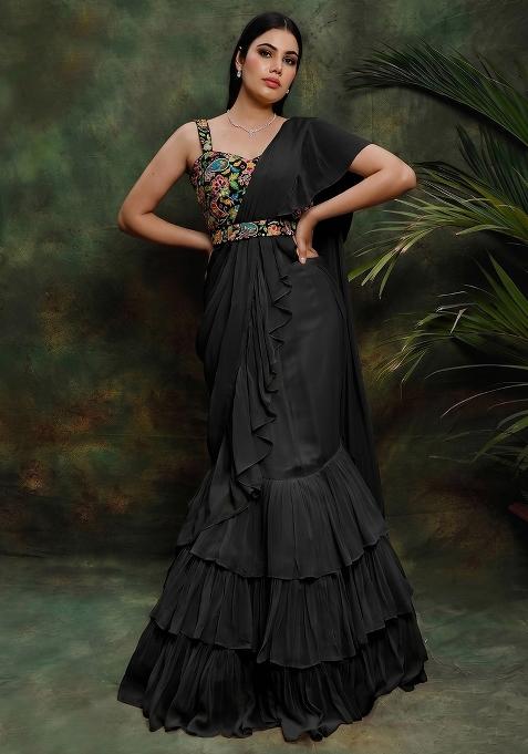 Black Silk Blend Embroidered Handwork Pre Draped Saree Set
