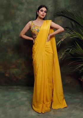 Yellow Printed Crepe Pre Draped Saree Set