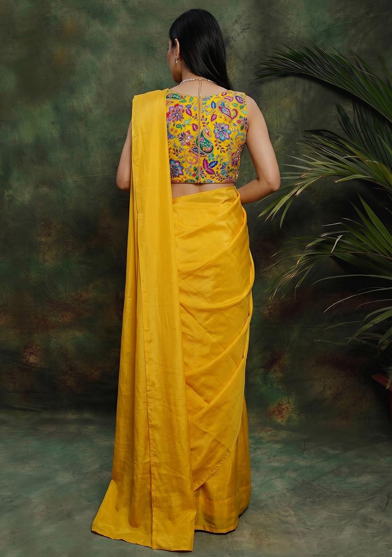 Yellow Printed Crepe Pre Draped Saree Set - Indya
