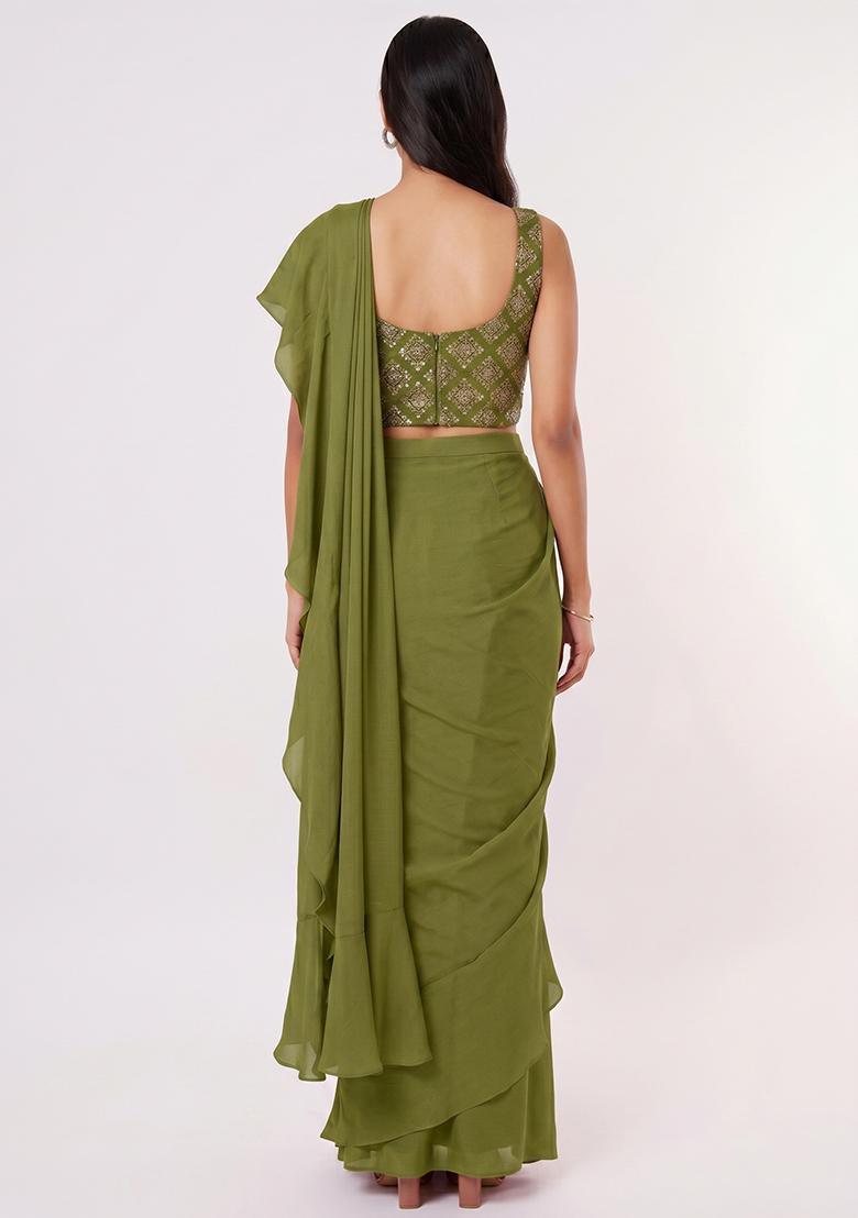Olive Green Embroidered Crepe Pre Draped Saree Set - Indya