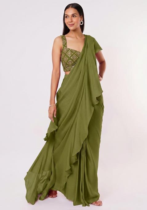 Olive Green Silk Blend Embellished Pre Draped Saree Set