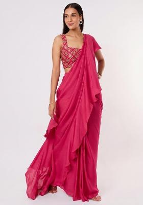 Rani Pink Embroidered Crepe Pre Draped Saree Set