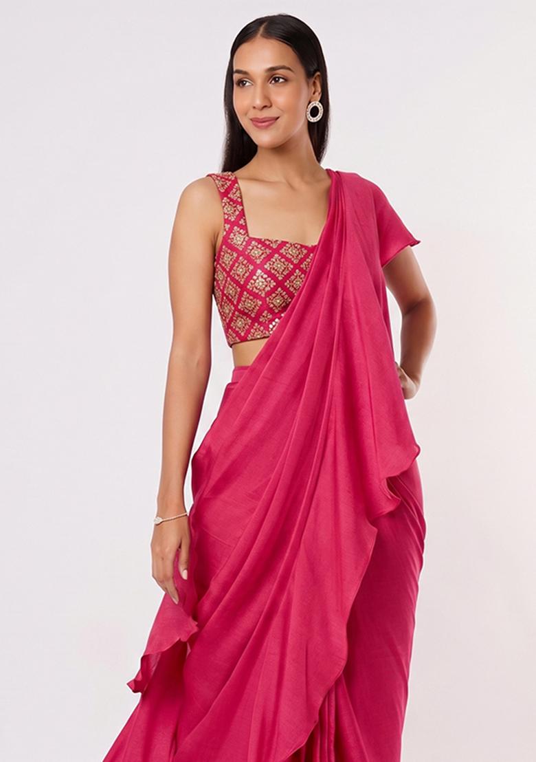 Rani Pink Embroidered Crepe Pre Draped Saree Set - Indya