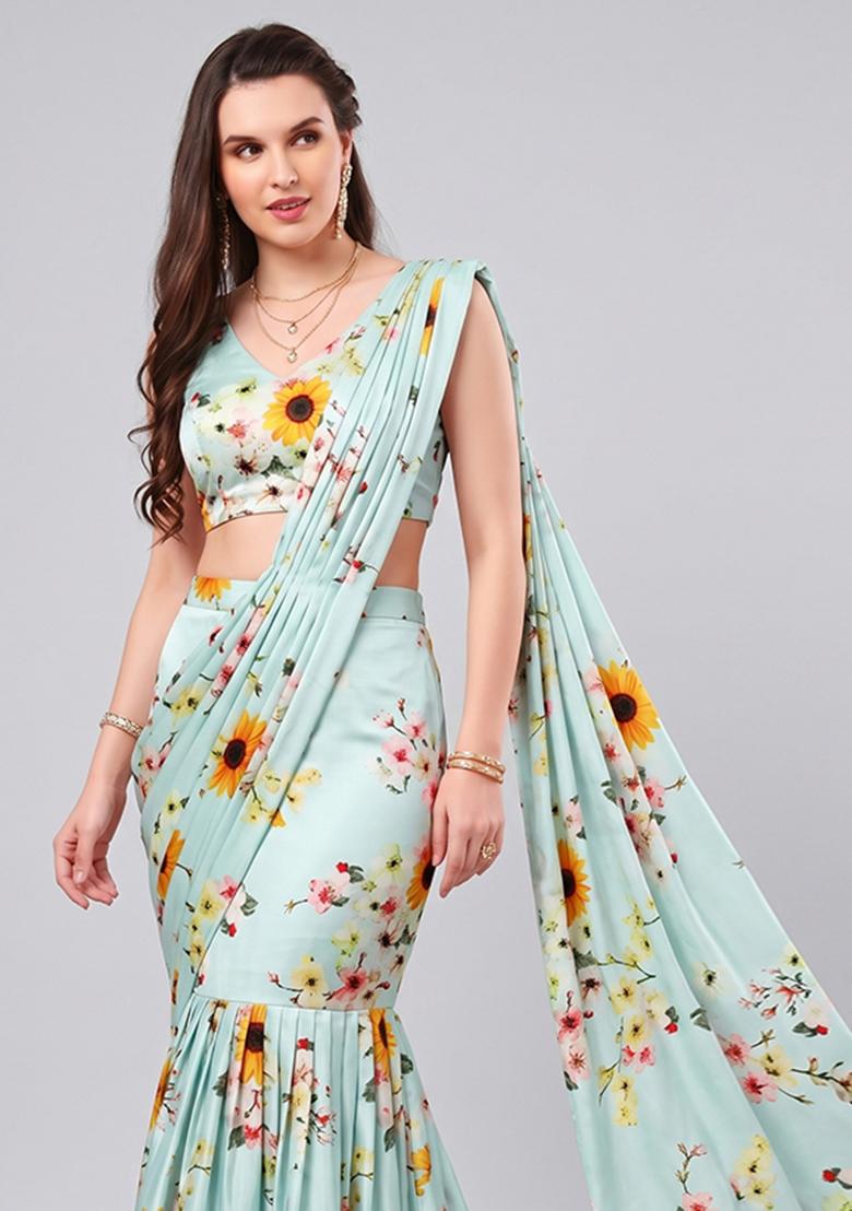 Aqua Printed Satin Pre Draped Saree Set - Indya