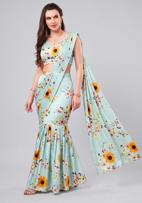 Aqua Printed Satin Pre Draped Saree Set