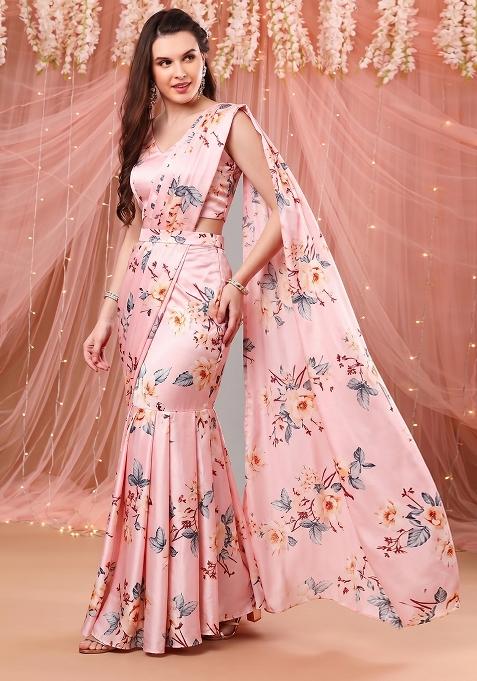 Blush Pink Printed Satin Pre Draped Saree Set