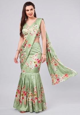 Mint Green Printed Satin Pre Draped Saree Set