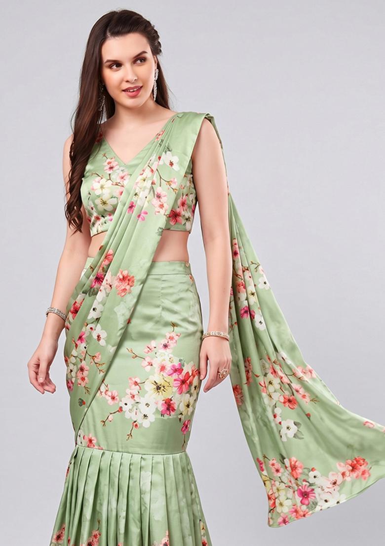 Mint Green Printed Satin Pre Draped Saree Set - Indya