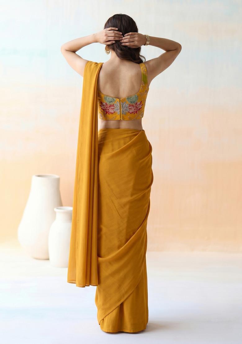 Mustard Embroidered Crepe Pre Draped Saree Set - Indya