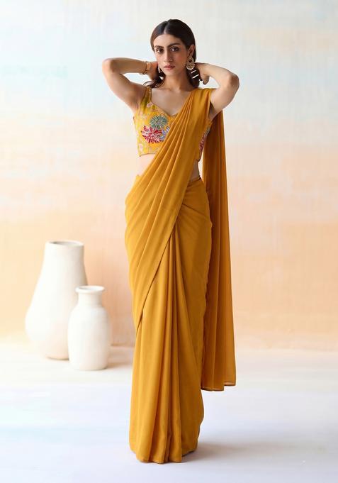 Mustard Embroidered Crepe Pre Draped Saree Set