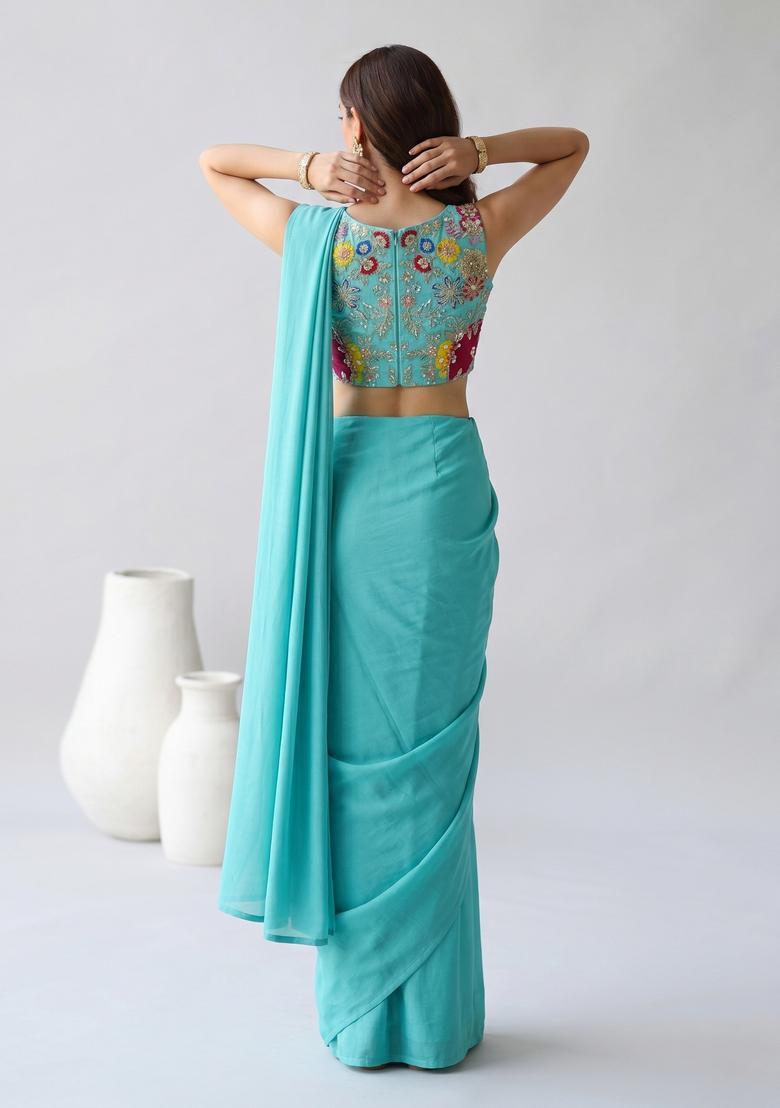 Sky Blue Embroidered Crepe Pre Draped Saree Set - Indya