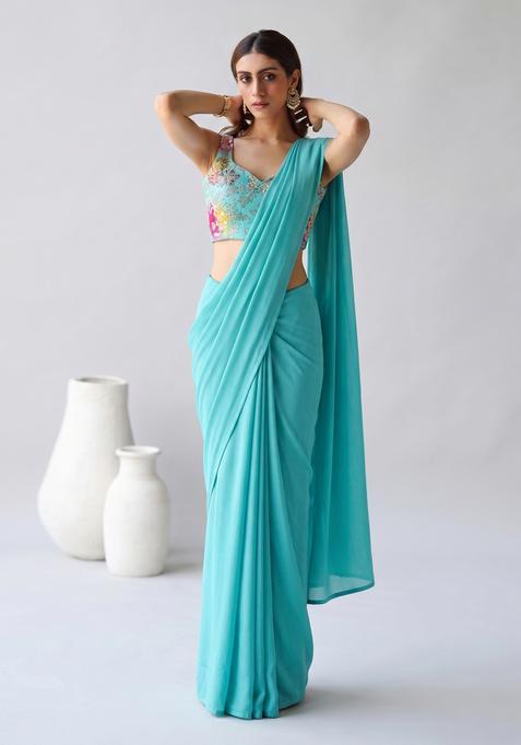 Sky Blue Embroidered Crepe Pre Draped Saree Set