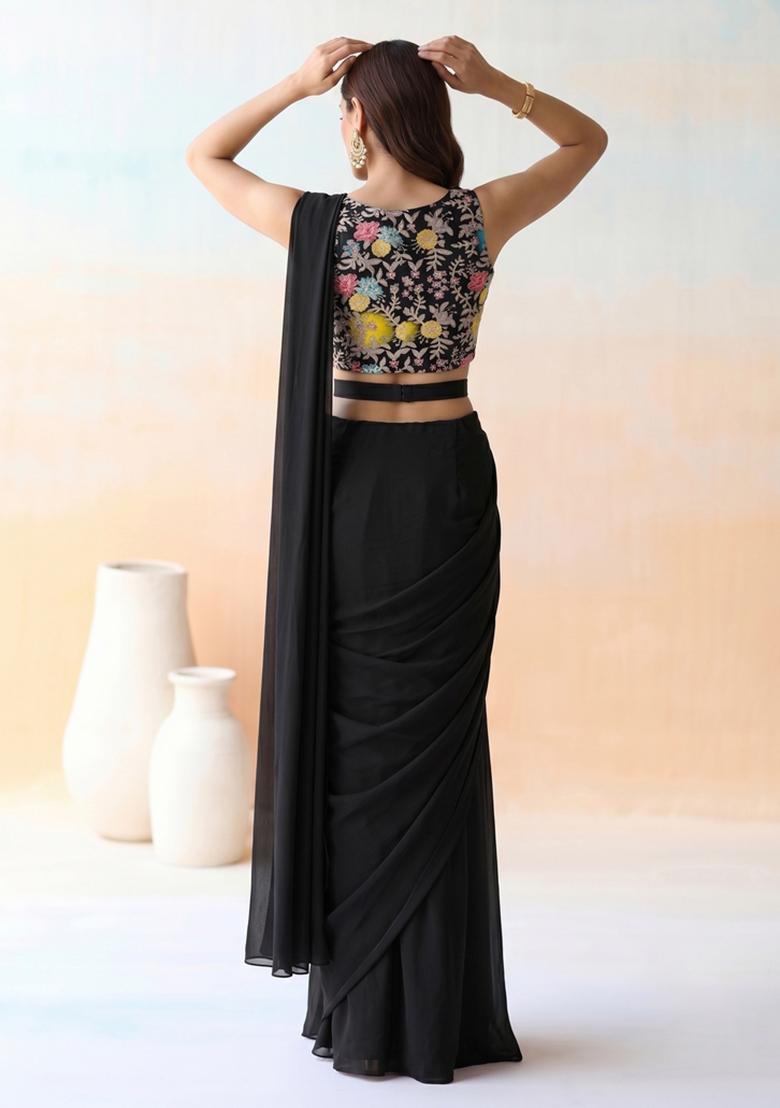 Black Embroidered Crepe Pre Draped Saree Set - Indya