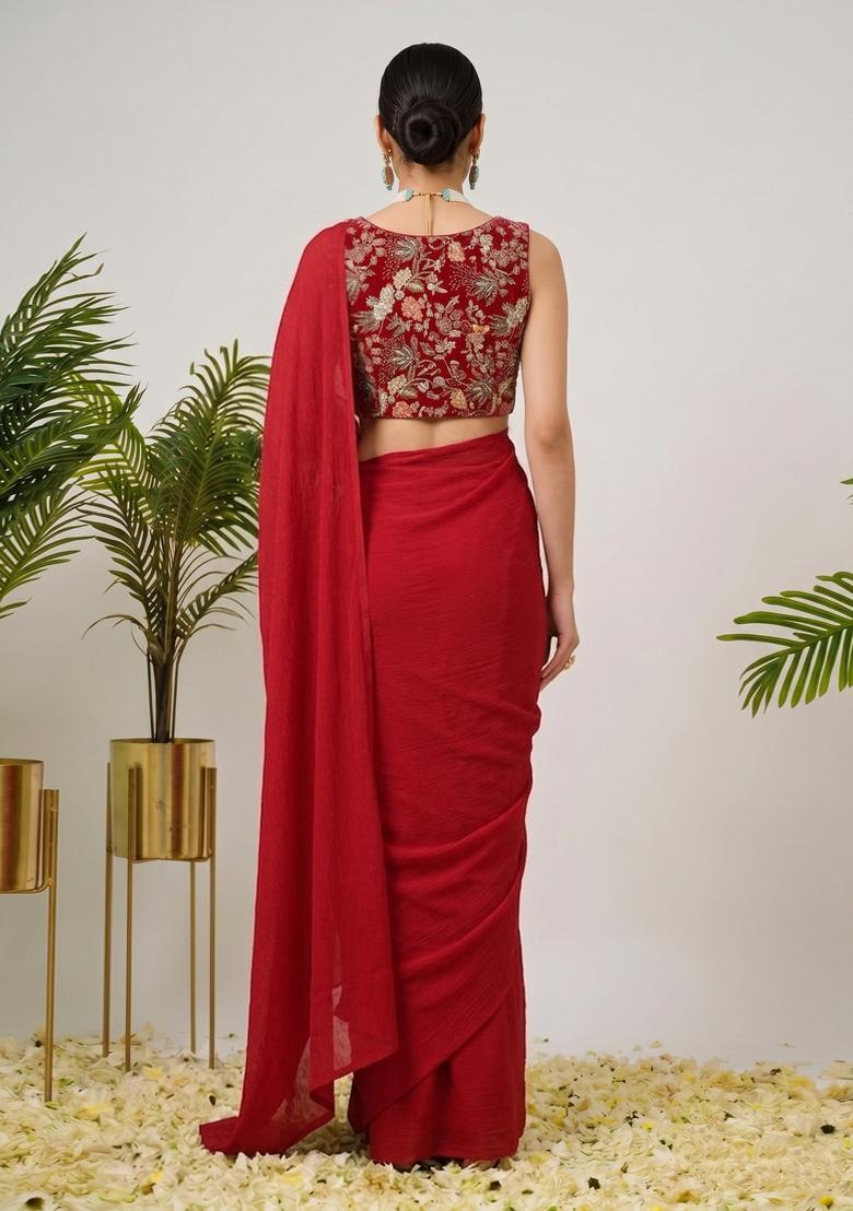 Maroon Embroidered Crepe Pre Draped Saree Set - Indya