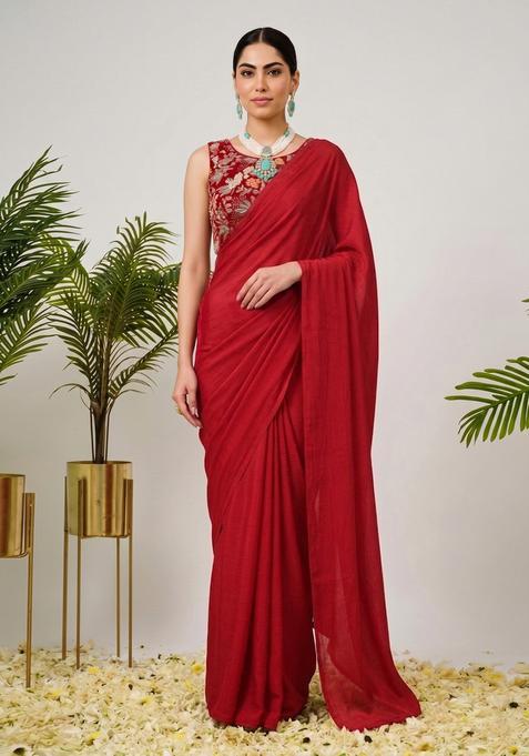 Maroon Embroidered Crepe Pre Draped Saree Set