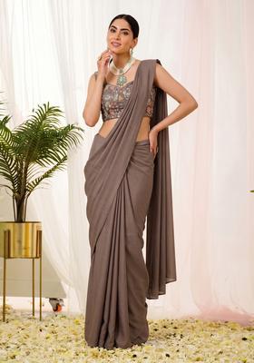 Light Brown Embroidered Crepe Pre Draped Saree Set