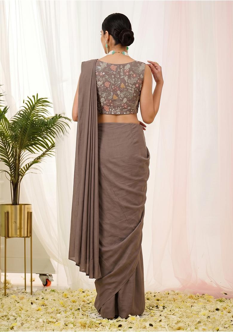 Light Brown Embroidered Crepe Pre Draped Saree Set - Indya