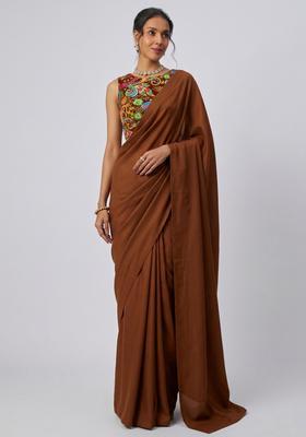 Chocolate Brown Printed Crepe Pre Draped Saree Set