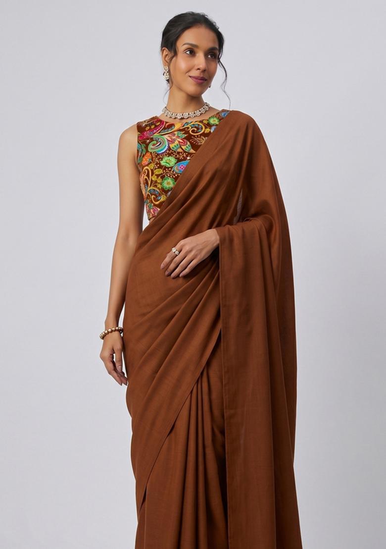 Chocolate Brown Printed Crepe Pre Draped Saree Set - Indya