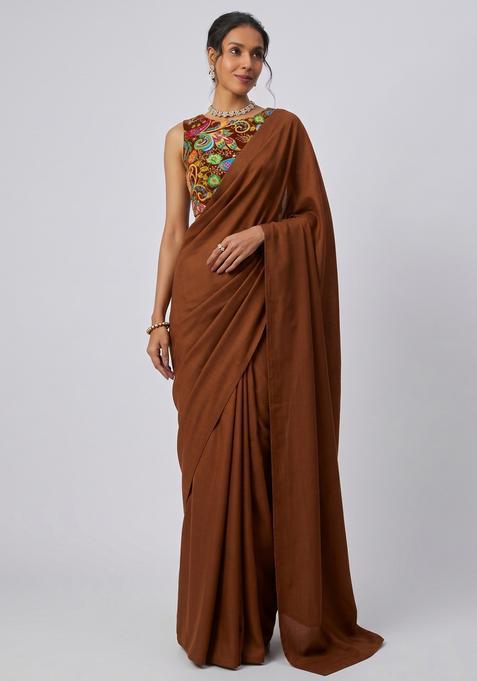 Chocolate Brown Printed Crepe Pre Draped Saree Set